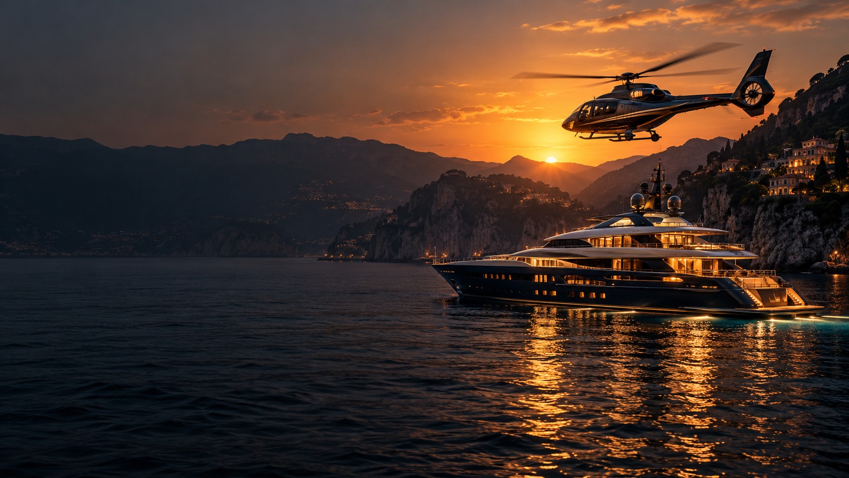 A helicopter approaches an illuminated superyacht at a dramatic golden sunset